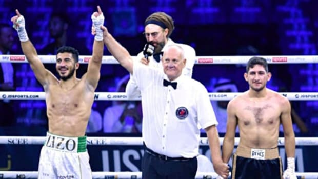 Ziyad Almaayouf after defeating Alfredo Alatorre in the first round by a knockout in 2022. He made history as the first person from Saudi Arabia to win a professional boxing match. SPA. 